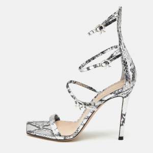 Pre Owned Gianvito Rossi Silver Snakeskin Embossed Leather Ribbon Uptown Sandals Size 38