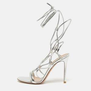 Pre Owned Gianvito Rossi Giza Size 39.5 Silver Leather Ankle Wrap Sandals