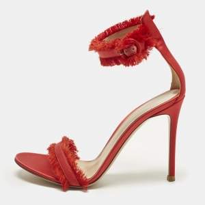 Pre Owned Gianvito Rossi Portofino Size 38.5 Red Satin Fringed Ankle Strap Sandals