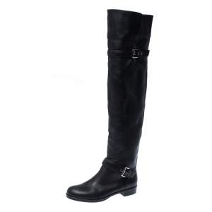 Pre Owned Gianvito Rossi Black Leather Buckle Detail Over The Knee Boots Size 37.5