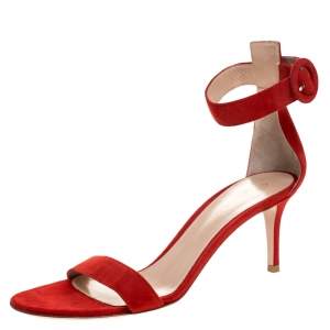 Pre Owned Gianvito Rossi Red Suede Portofino Ankle Strap Sandals Size 37