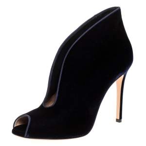 Pre Owned Gianvito Rossi Blue Velvet Vamp V Cut Peep Toe Booties Size 39.5