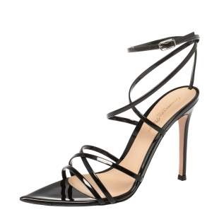 Pre Owned Gianvito Rossi Black Patent Leather Kim Cross Ankle Strap Sandals Size 37