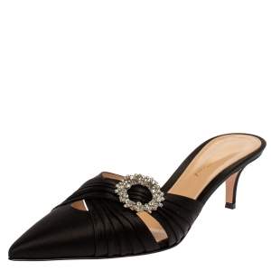Pre Owned Gianvito Rossi Black Pleated Satin Crystal Embellished Pointed Toe Mules Size 39.5
