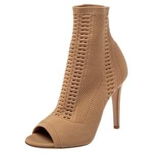 Pre Owned Gianvito Rossi Beige Knit Fabric Open Toe Ankle Boots Size 37