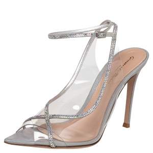 Pre Owned Gianvito Rossi Silver Shimmer Leather And PVC Crystelle Embellished Ankle Strap Sandals Size 38.5