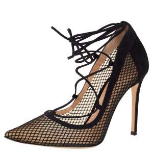 Pre Owned Gianvito Rossi Black Suede and Mesh Pointed-Toe Ankle-Tie Pumps Size 39