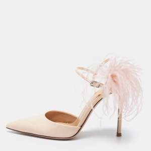 Gianvito Rossi Beige Patent Leather Simmone Feather Ankle Strap Pumps Size 36