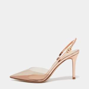 Pre Owned Gianvito Rossi Rose Gold Laminated Leather and PVC Ribbon Slinback Pumps Size 36