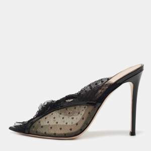 Gianvito Rossi Black Polka Dot Lace Pois Peep Toe Mules Size 39