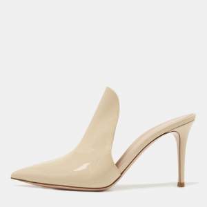 Gianvito Rossi Beige Patent Leather Aramis Pointed Toe Mules Size 40