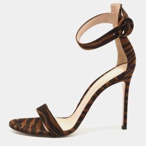Gianvito Rossi Brown Suede Zebra Print  Portofino Ankle Strap Sandals Size 41