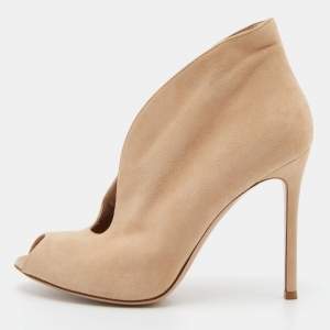 Pre Owned Gianvito Rossi Beige Suede Vamp Peep Toe Booties Size 38