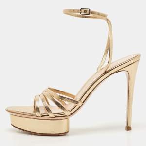 Pre Owned Gianvito Rossi Gold Leather Strappy Platform Heels Sandals Size 38.5