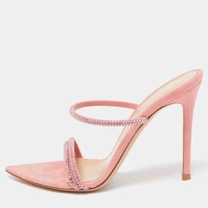 Gianvito Rossi Pink Crystal Embellished Suede Cannes Sandals Size 37.5
