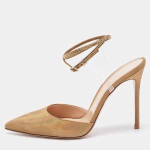 Gianvito Rossi Gold Glitter Nubuck Leather Embellshed Ankle Strap Sandals Size 42