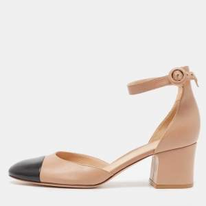 Pre Owned Gianvito Rossi Beige/Black Leather Block Heel Ankle Strap Pumps Size 42 