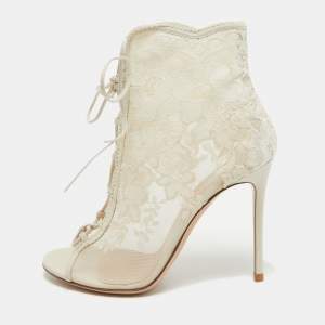Pre Owned Gianvito Rossi White Mesh and Leather Lace Up Ankle Boots Size 39