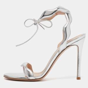Gianvito Rossi Silver Leather Wavy Ankle Tie Sandals Size 37.5