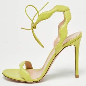 Gianvito Rossi Green Leather Wavy Ankle Tie Sandals Size 38.5
