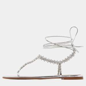 Gianvito Rossi Silver Leather Ankle Wrap Thong Sandals Size 39