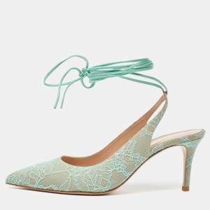 Gianvito Rossi Mint Green Lace Ankle Wrap Slingback Pumps Size 39