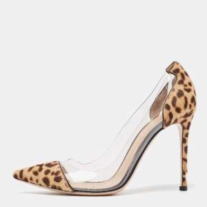 Pre Owned Gianvito Rossi Brown/Beige Leopard Print Calf Hair and PVC Plexi Pumps Size 39