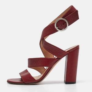 Gianvito Rossi Burgundy Leather Ankle Wrap Sandals Size 39