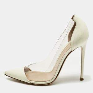 Pre Owned Gianvito Rossi White Patent Leather and PVC Plexi Pointed Toe Pumps 38.5