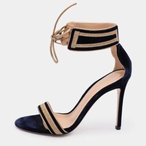 Gianvito Rossi Blue/Gold Velvet and Leather Augusta Ankle Cuff Sandals Size 36