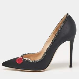 Gianvito Rossi Black Satin Crystal Embellished Pumps Size 37.5