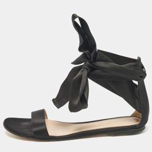 Gianvito Rossi Black Satin Ankle Tie Flat Sandals Size 40
