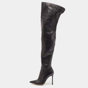 Pre Owned Gianvito Rossi Black Patent Leather Pointed-Toe Over The Knee Boots Size 38