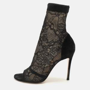 Gianvito Rossi Black Stretch Lace/Mesh Ankle Boots Size 37.5