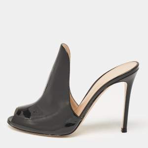 Gianvito Rossi Black Patent Leather Peep Toe Mules Size 39