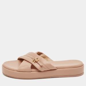 Gianvito Rossi Pink Leather alima Criss Cross Flat Slides Size 38