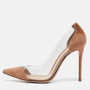 Pre Owned Gianvito Rossi Beige/Transparent Suede and PVC Plexi Pumps Size 40.5