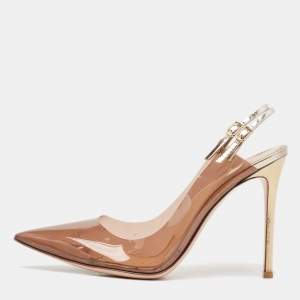 Pre Owned Gianvito Rossi Brown PVC And Leather Kyle 105 Ankle Strap Sandals Size 40.5