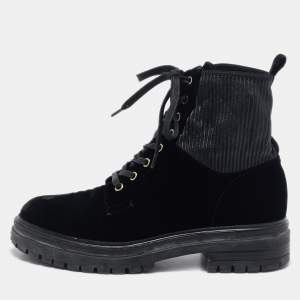 Gianvito Rossi Black Fabric and Velvet Combat Boots Size 40