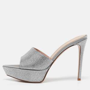 Pre Owned Gianvito Rossi Silver Satin Crystal Embellished Platform Slide Sandals Size 40