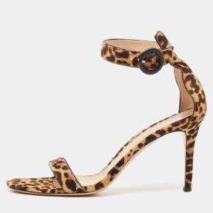 Gianvito Rossi Beige/Brown Leopard Print Calf Hair Portofino Ankle-Strap Sandals Size 41