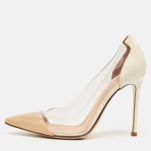 Gianvito Rossi Beige/White Patent Leather and PVC Plexi Pointed Toe Pumps Size 37