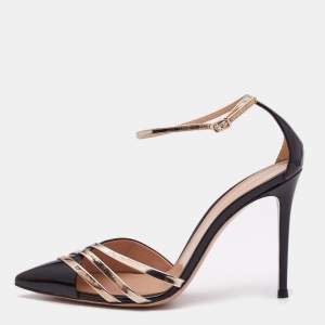 Gianvito Rossi Black Patent Leather Metallic Trim Ankle Strap Sandals Size 39.5