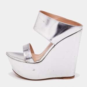 Gianvito Rossi Silver Leather Platform Wedge Sandals Size 36