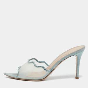 Pre Owned Gianvito Rossi Blue Suede and PVC Crystal Elle Slide Sandals Size 40