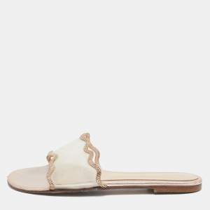 Pre Owned Gianvito Rossi Gold/Transparent Leather and PVC Crystal Embellished Flat Sandals Size 40