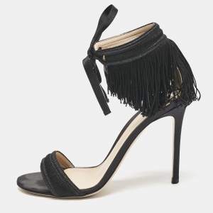Gianvito Rossi Black Fabric and Satin Fringe Ankle Strap Sandals Size 39.5