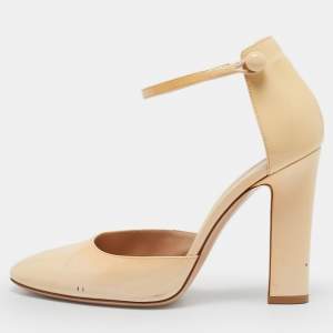 Gianvito Rossi Beige Patent Leather Ankle Strap Block Heel Pumps Size 38.5