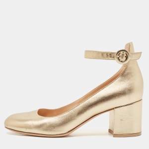 Gianvito Rossi Gold Leather Ankle Strap Block Heel Pumps Size 38.5