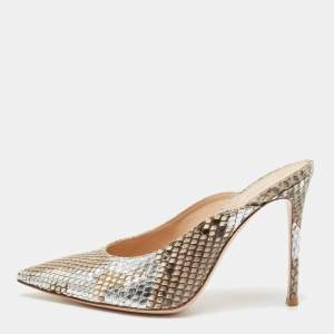 Gianvito Rossi Silver/Beige Python Heel Mules Size 39